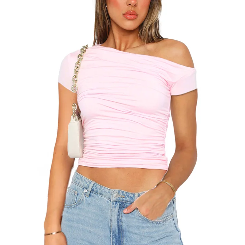 High Elasticity Fabric Solid Color Slash Shoulder Short Sleeve Shrinkage Pleated Navel Reveal Top Ladies Casual Tops