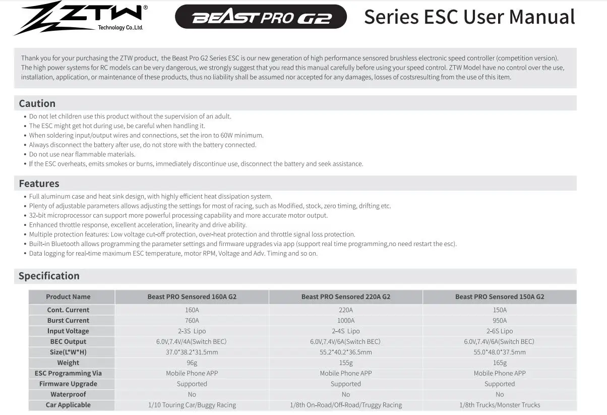 ZTW Beast PRO Sensored 160A G2 regulowany 6.0V/7.4V 4A BEC bezszczotkowy ESC wszystkie aluminiowe radiatory do samochodu RC