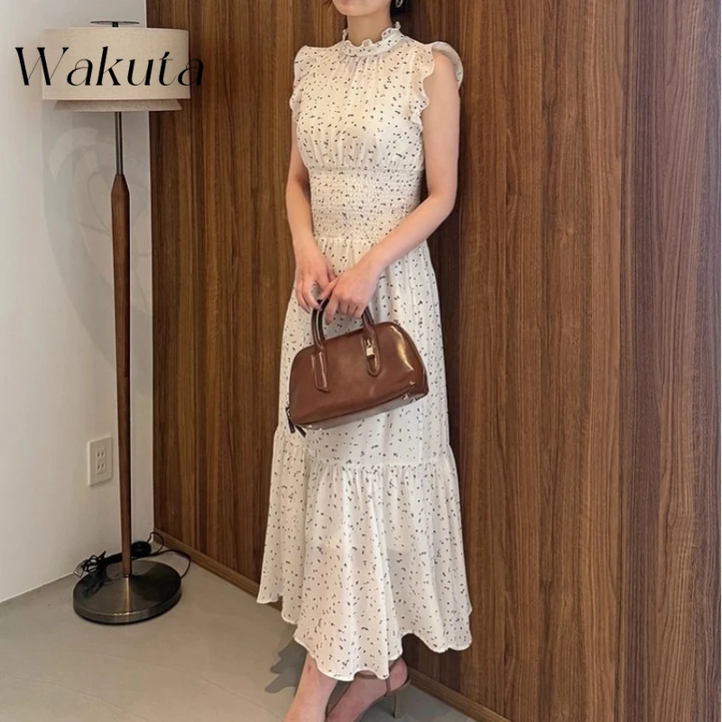 WAKUTA 日本の夏万能ニットヴィンテージカラーバッグ半袖トップハイウエストプリーツ半身スカート 2 点セット Y2k