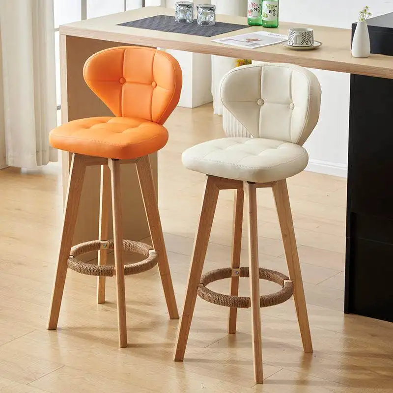 

Brown Faux Leather Bar Stools Nordic Wooden Legs Minimalist Kitchen Bar Stool Green Designer Chaise Haute Modern Furniture