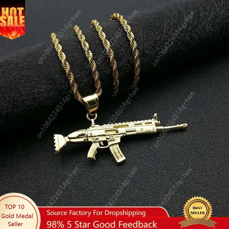 

Punk Style Hiphop scar Rifle Pendant Chain Necklace Men Party Wearriing Golden Color Necklaces