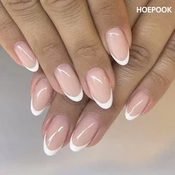 Uñas postizas francesas, manicura con borde blanco de almendra, cobertura completa, extraíble, resistente al agua, 24 piezas