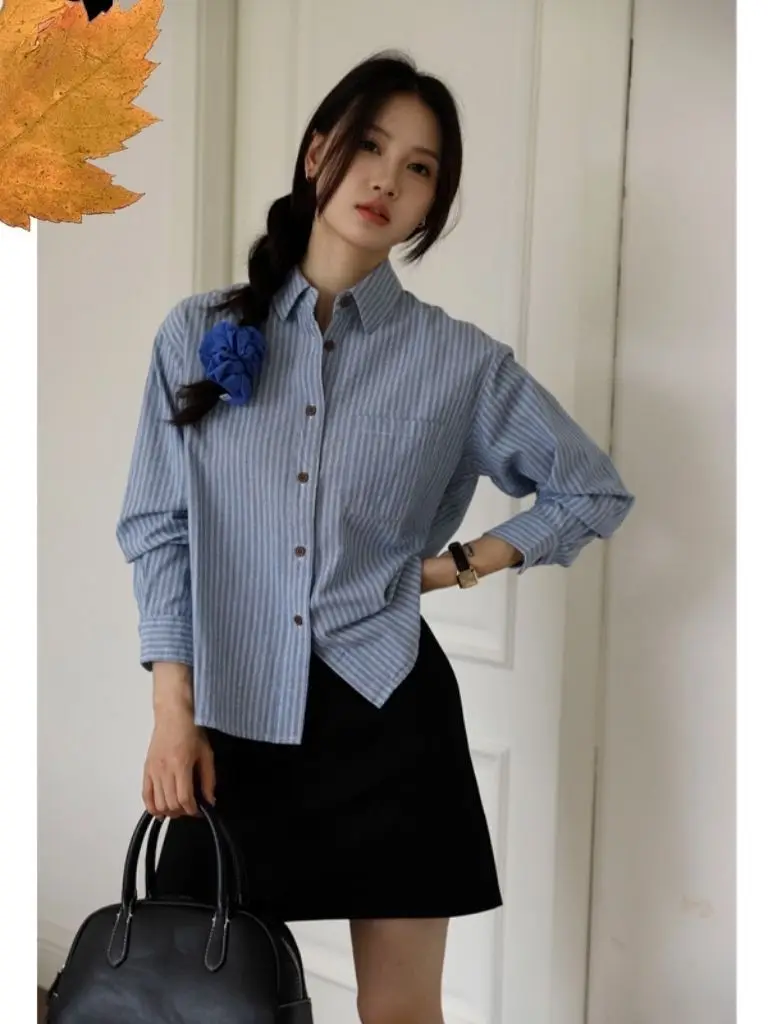

Retro Striped Women's Fce Lined Loose Fit Base Layer irt Autumn Winter New Sle Korean Version Slimming ort Size Top