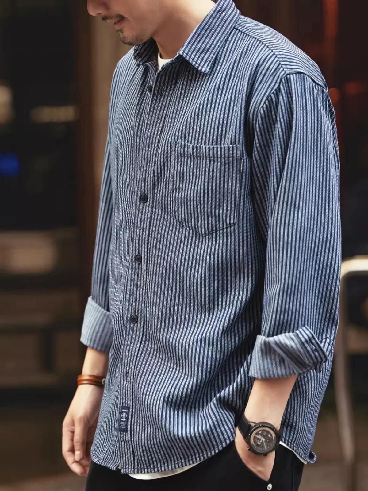 

Large Size 300 Pou High End Striped Men's Casual Loose Vintage Denim Work irt Spring Autumn Outerwear Breathable Long Sl...