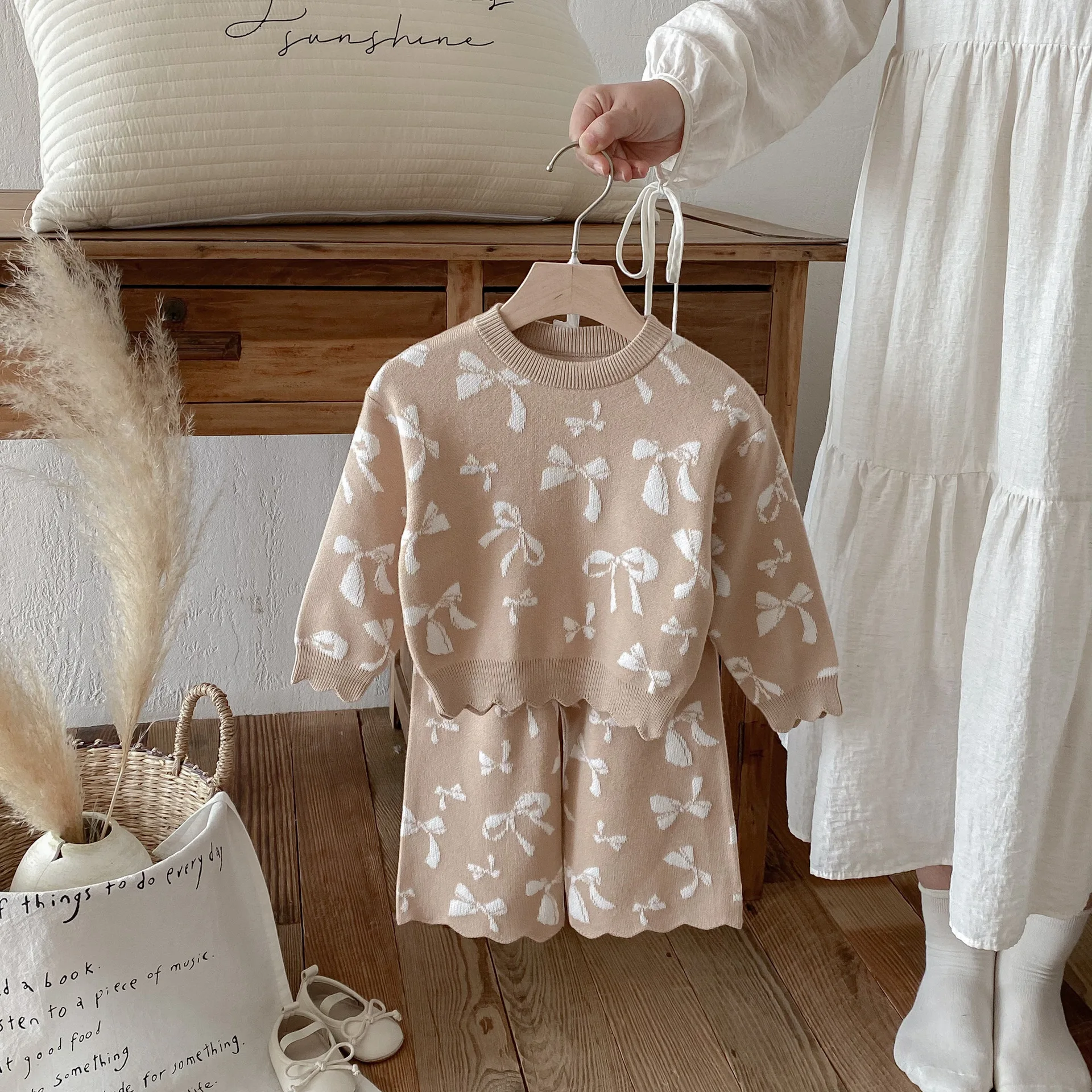 أطفال بنات الحياكة سترة مجموعات التباين اللون الانحناء نمط لينة الحياكة القمم مرونة الخصر مستقيم بنطال ذو قصة أرجل واسعة 2 قطعة دعوى