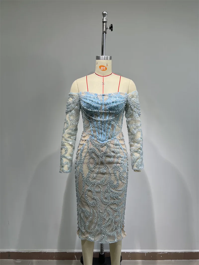 2025nova chegada requintado bordado frisado sexy sheer strapless fora do ombro vestido elegante vestido de festa