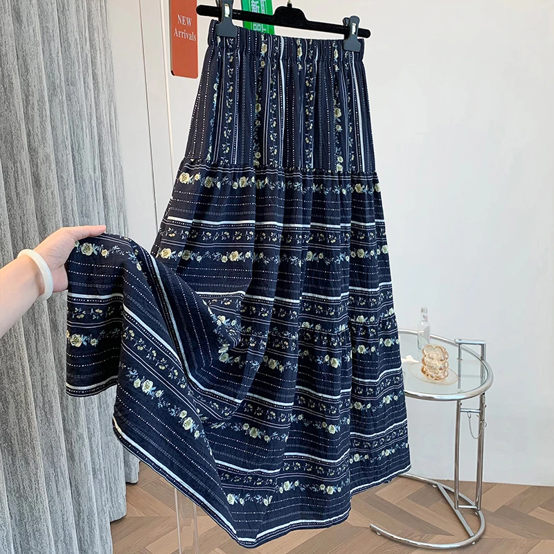 

Юбка-миди трапециевидной формы с цветочным принтом, женская летняя праздничная юбка Dr, большие юбки с воланами длиной до колена, смесь полиэстера