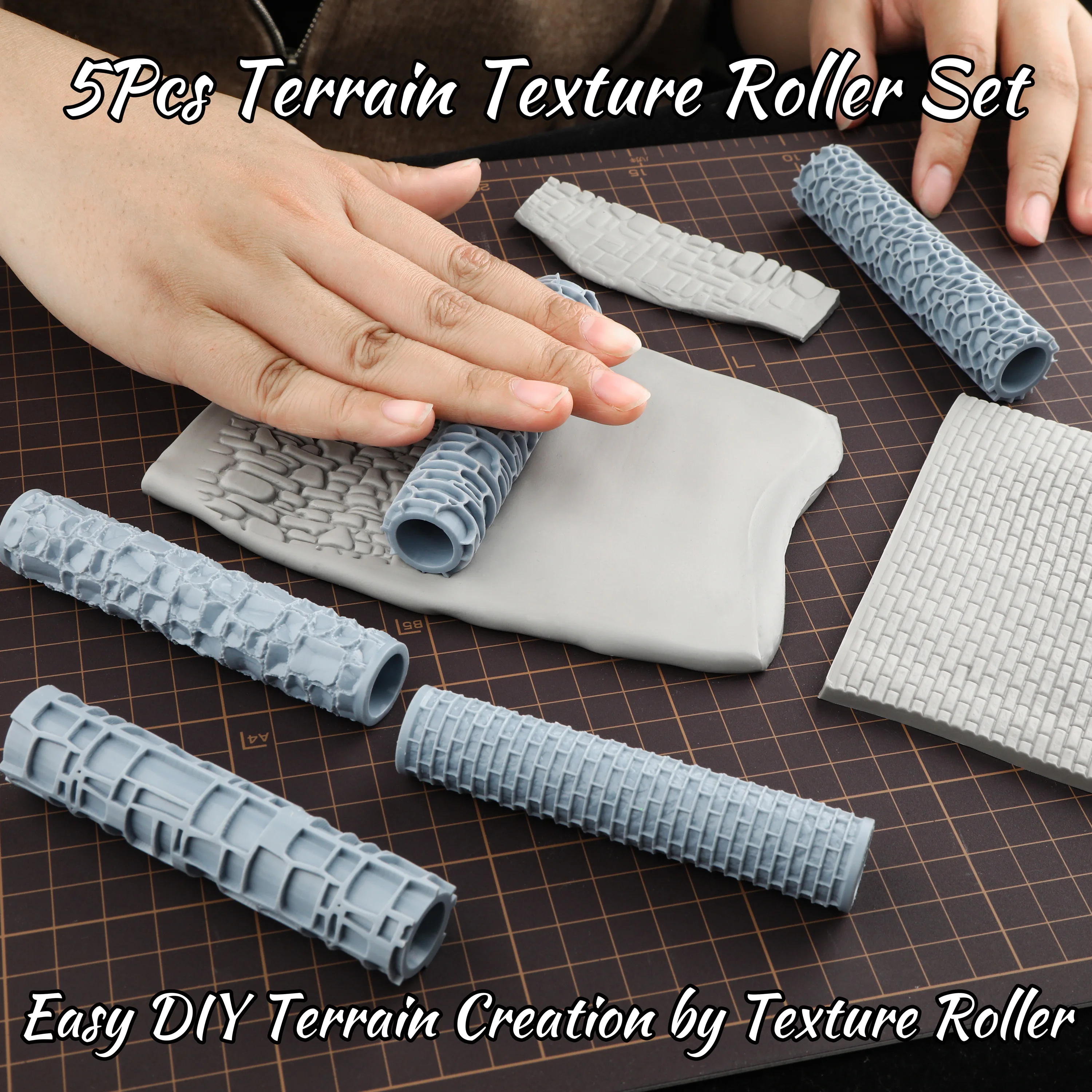 5-teiliges Terrain-Roller-Set – Texturwerkzeug für TTRPG-Dungeon-Böden, schlammige Straßen und zerstörte Wände | Leicht zu reinigen, Geschenk für Modellbauer – Detail 1