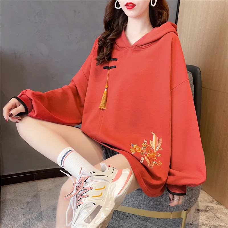 Hoodies Sweatshirts Women Tops Chinese Knot Button Tassel Embroidery Loose Baggy Elegant Female Autumn Winter Chic Temperament