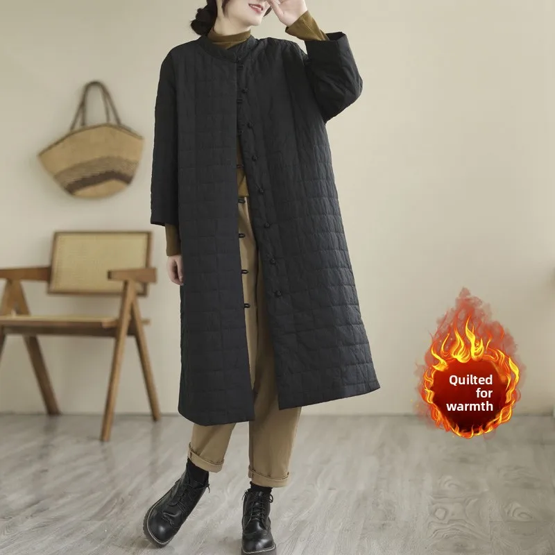 레트로 롱 코튼 재킷 여성용 큰 사이즈 코트 스탠드 칼라 슬릿 디자인 엘레 가을 겨울 아우터웨어 출퇴근 스타일