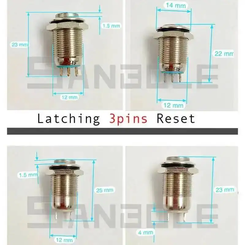 5pcs 12mm Metal Push Button Switch Self-locking Latching/Momentary Reset Waterproof High/Flat Round 2/3 pins Nickel plated brass