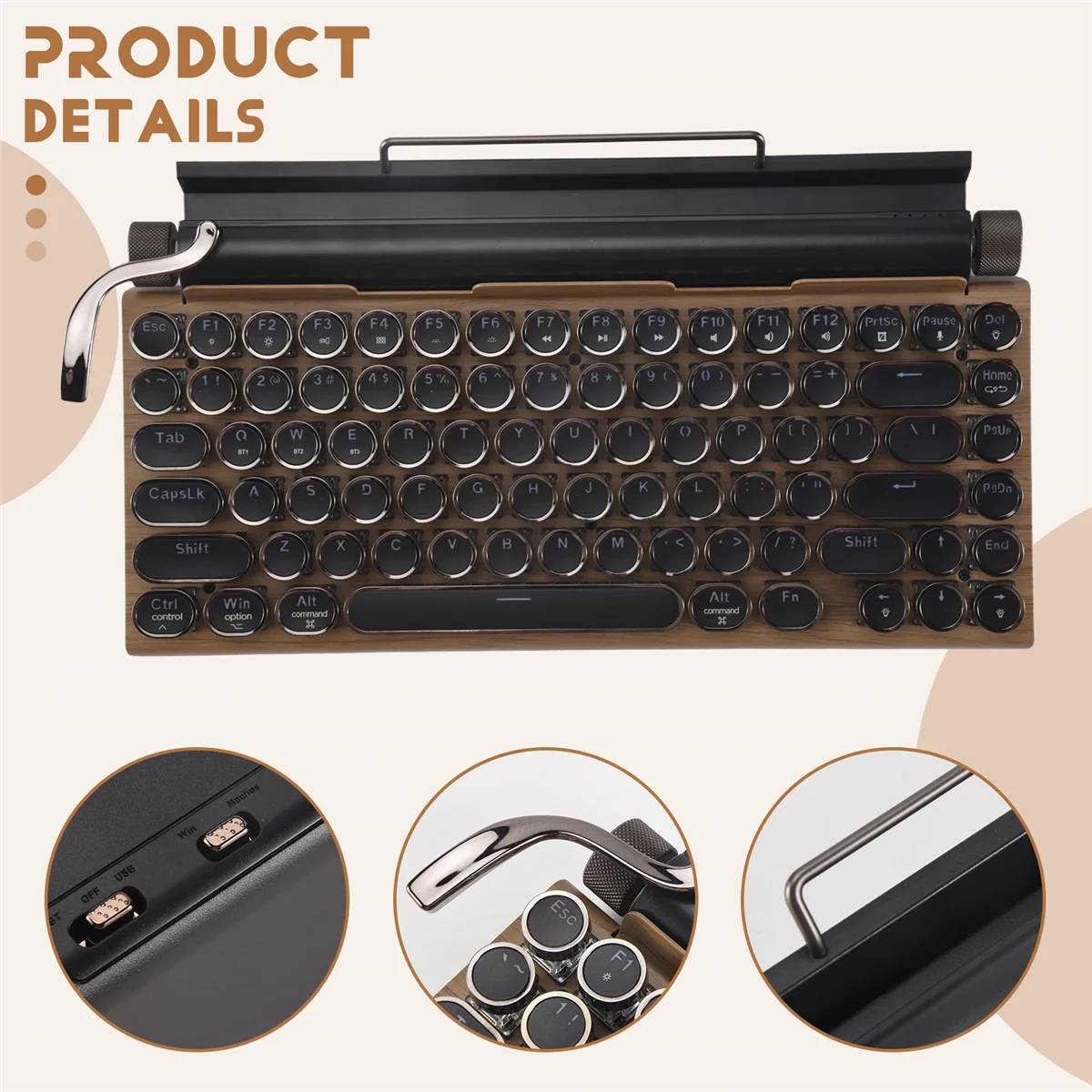لوحة مفاتيح آلة كاتبة POP-lRetro لوحة مفاتيح ميكانيكية لاسلكية تعمل بالبلوتوث 83 مفتاحًا لوحة مفاتيح كمبيوتر للكمبيوتر المحمول