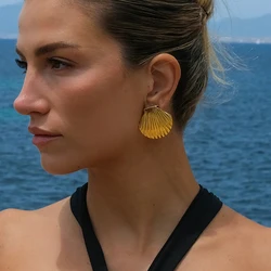 INS New Waterproof Textured Stainless Steel Shell Dangle Earrings for Women Statement Summer Energy Texture Stud Jewelry Bijoux