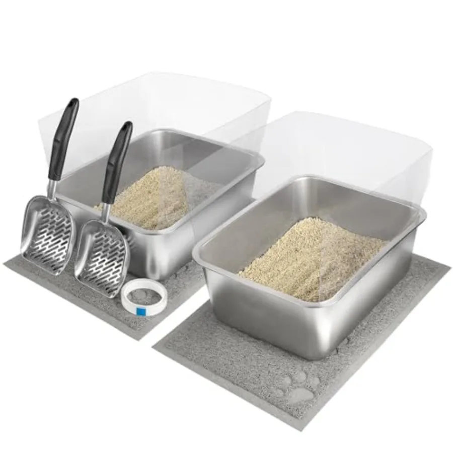 

2 Set Stainless Steel Litter Box - 17.7"x13.8"x5.9" High-Sided Shield Scoops Mats for Multiple Cats Easy to Clean