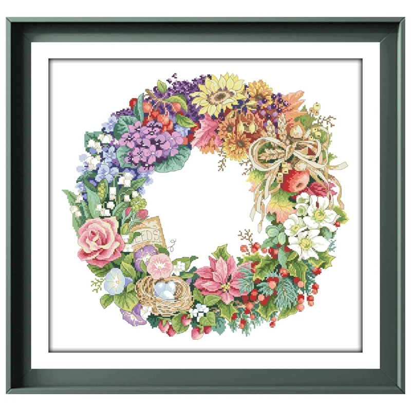 Wreath of all seasons cross stitch package 18ct 14ct 11ct white canvas fabric cotton thread embroidery DIY handmade needlework