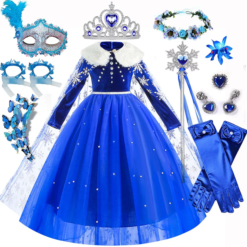 

Disney Elsa Fur Collar Costume for Girl Deliver Snowflake Cloak Frozen Cosplay Princess Dress Halloween Birthday Party Outfit