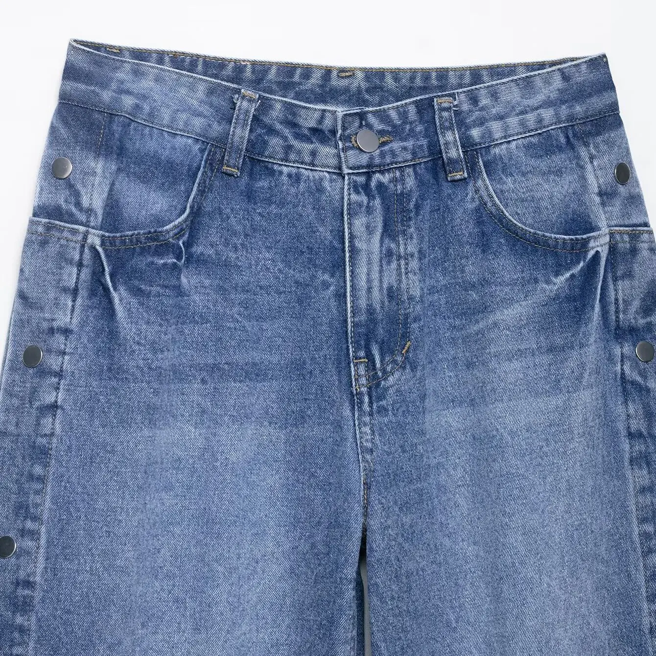 KASLEAD High Waist Loose Fit Straight Leg Jeans Button Detail Women's Fashion New Style Polyester Fiber Zipper Closure