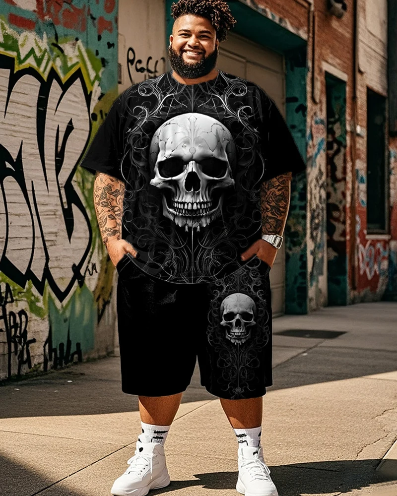 

S-9XL Large Size Men's Suit - Dark Skull Short Sleeve T-Shirt Shorts Two-Piece Set