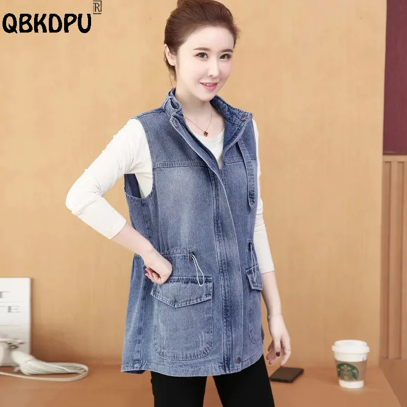 

Lace Up Plus Size Denim Vest Women 95kg Korean Fashion Stand Collar Loose Waistcoat Blue/Black Vest Sleeveless Jean Jacket Lady