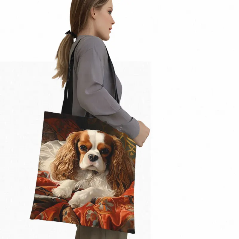 Cute Cavalier King Charles Spaniel Dog Shopping Bag Kawii Spaniel Puppy Tote Bag Bookbag Handbag Large Capacity Shoulder Bag