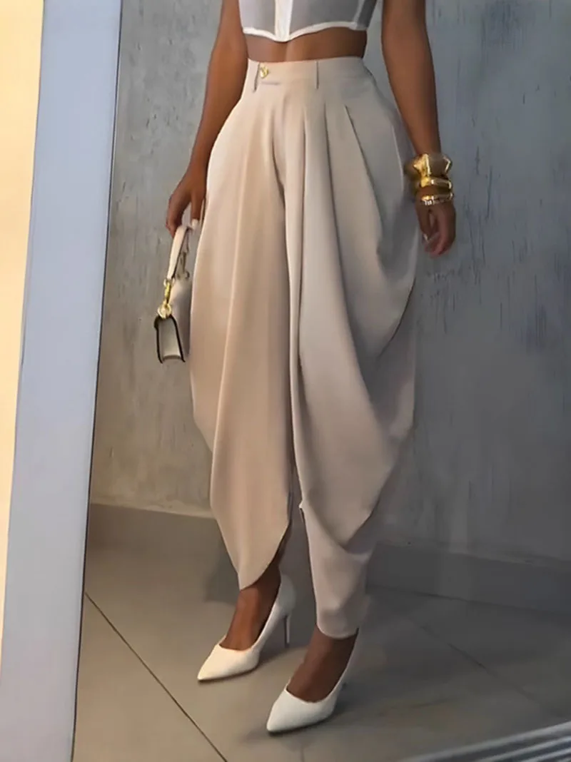 

2026 High Waisted Loose Pleated Irregular Casual Pants Loose Oversized Style Cotton and Linen High Quality Female Pants Outwear