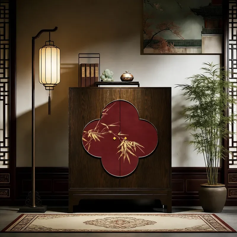 Song Dynasty Style Zen Bamboo Leaf Solid Wood Bucket Cabinet Living Room Tea Room Storage Chinese Wall Standing Cabinet