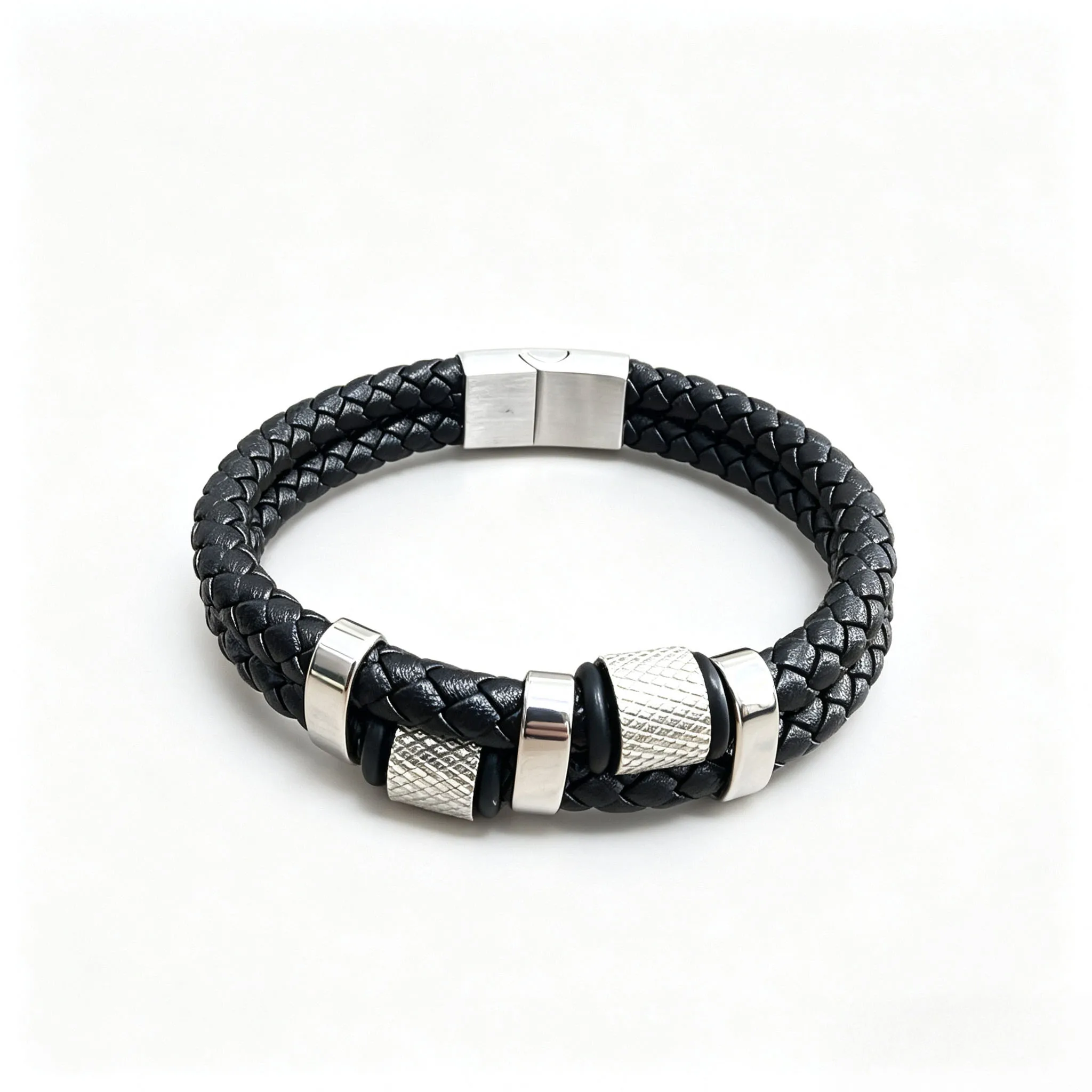 Classic stainless steel leather rope bracelet rust resistant and non fading steel color black gold three color couple accessory
