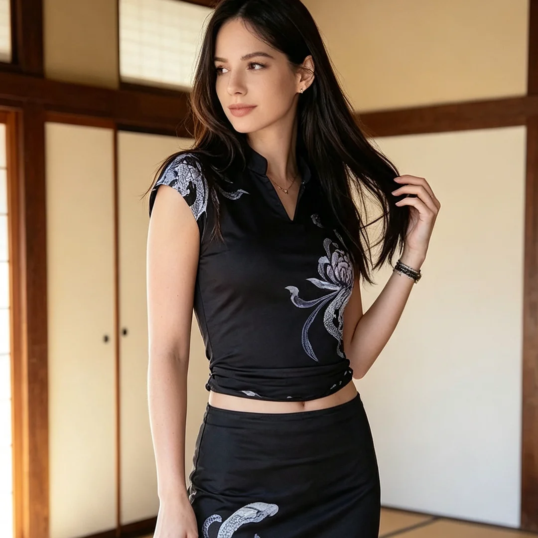 New Orchid Elf Snake Pattern Mesh Cheongsam Top for Women's Fashion Korean Flower Pattern Umbilical T-shirt