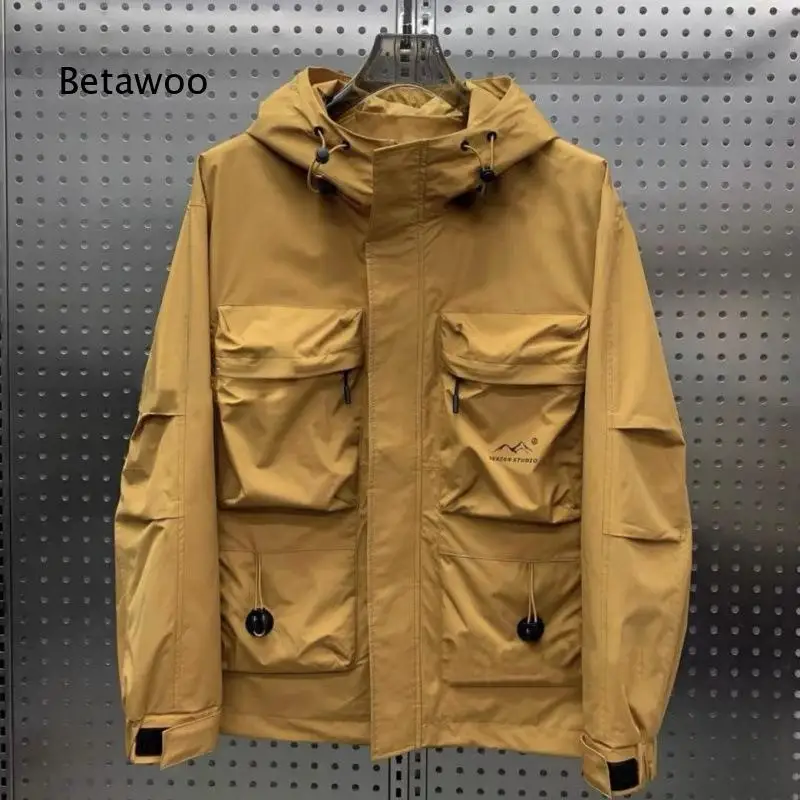 Men Hooded Cargo Jacket Multi Pockets Windproof Zip Up Loose Fit Functional Outdoor Outerwear for Hiking Daily Wear