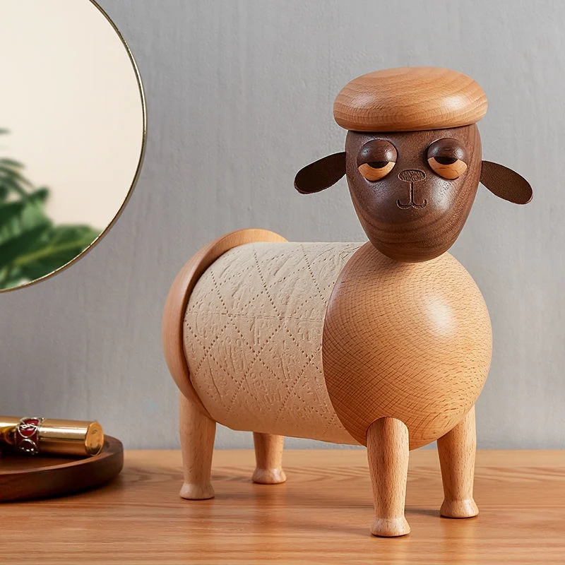 Cartoon Little Lamb Tissue Holder Stand Living Room Dining Table Paper Towel Storage Organizer Animal Figurine Wood Material
