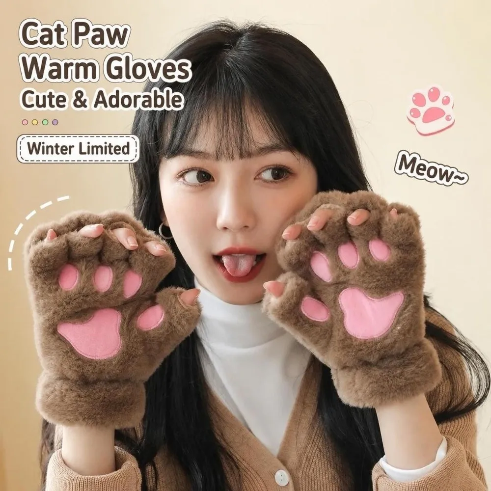 Cute Polyester Fleece Lined Fingerless Gloves Warm Lined Cold Proof Cartoon Cat Gloves Paw Gloves For Students