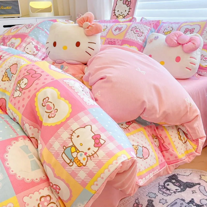 

Anime Cartoon Kawaii Sanrio 2026 HelloKitty Cinnamoroll Pure Cotton Four Piece Set Quilt Cover Bed Sheets Dormitory Comfortable
