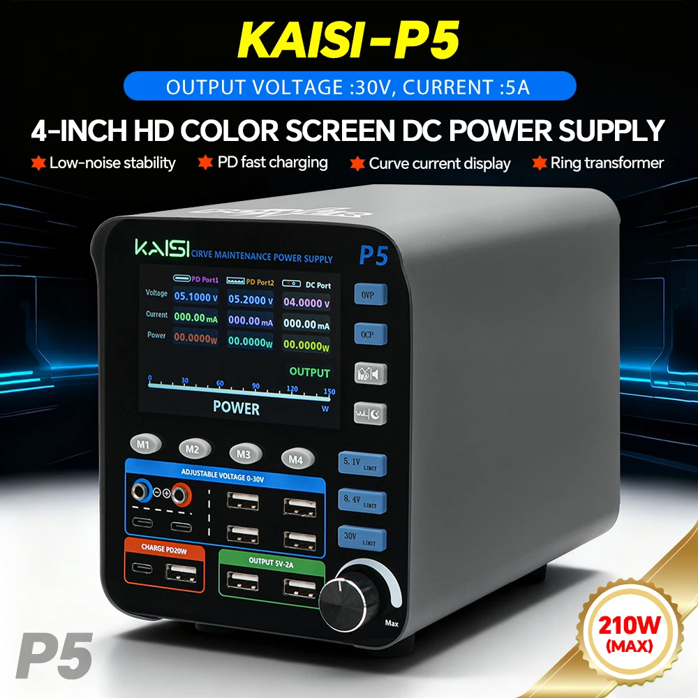 

Kaisi P5 30V 5A 210W DC Power Supply PD Fast Charging Color Screen Curve Current Display Intelligent Regulated Lab Power Supply