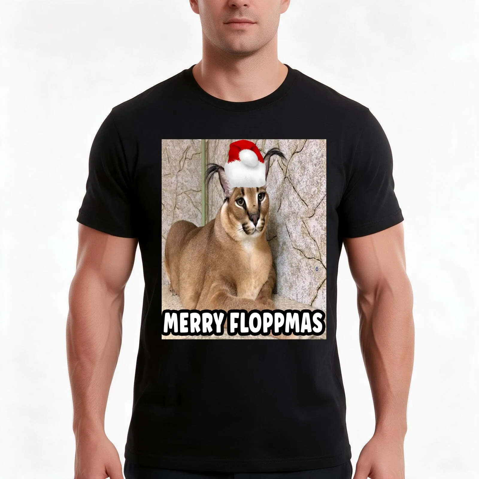 christmas big floppa T-Shirt, Summer Casual Cotton Tee, Oversized Streetwear Tops, Vintage Graphic Print, Loose Fit Short Sleeve