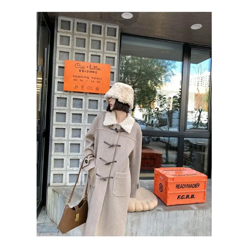 

2024 Autumn/Winter New Bullhorn Button Wool Lined Jacket Korean Loose Warm Long Woolen Coat Solid Color Casual Female Overcoat