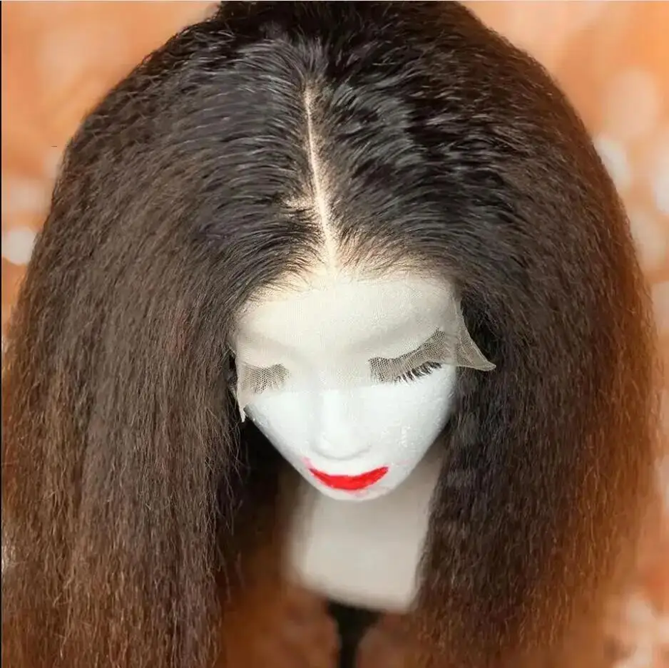 Longo sem cola macio ombre marrom kinky em linha reta 180 densidade 26 Polegada peruca dianteira do laço profundo para mulheres com cabelo do bebê pré-arrancado diariamente