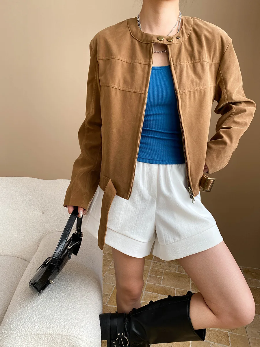 

Spring women's casual solid color round neck long sleeved jacket