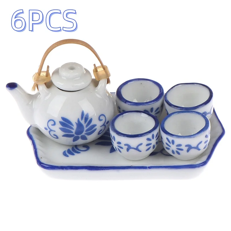 6Pcs Dollhouse Play Toy Gift Game Miniature Dining Ware Blue Porcelain Tea Set Ceramics Dishes Cups Plates Set