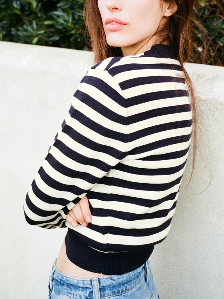 봄 신상 여성용 다용도 라운드넥 긴팔 스트라이프 캐주얼 스포츠 숏 니트 스웨터 슬림핏 출퇴근 스타일