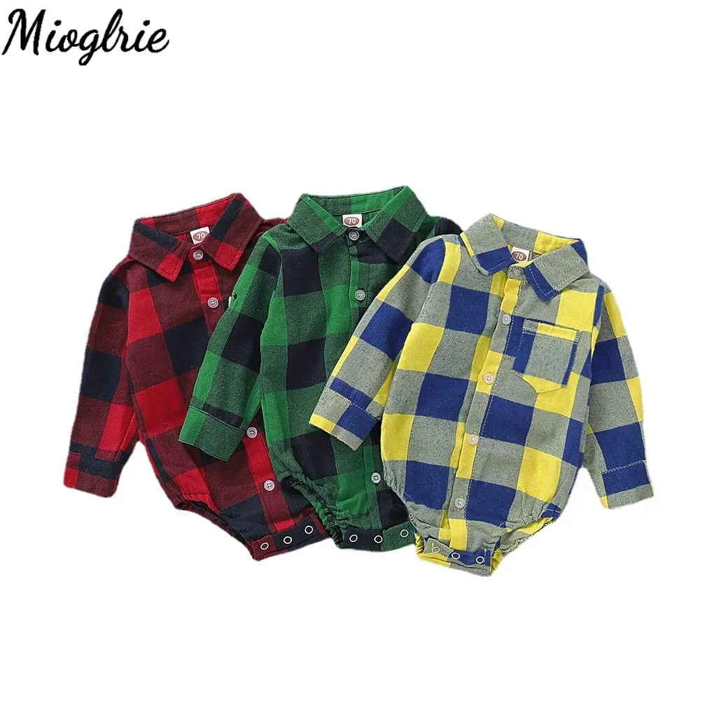 0-12 Months Newborn Baby Boys Bodysuit Plaid Long Sleeve Turn Down Collar Shirt Romper Spring&Autumn Gentleman Casual Clothes