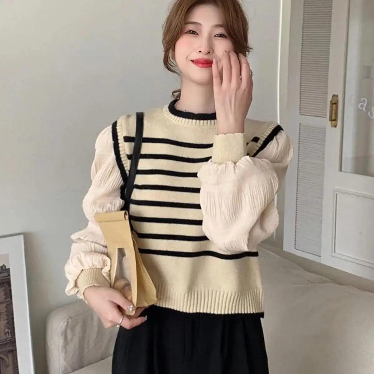 Women Black White Striped Fake Two-piece Knitted Sweaters Spring and Autumn Korean Soft Glutinous Pullover Sweater Female Tops