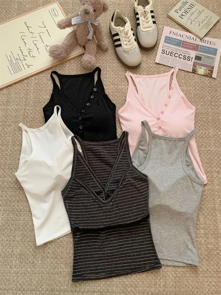 2026 Summer Casual Basic Inner Top V-neck Button Women Cami With Built-in Bra Pad Fashion Slim Fit Tank Top