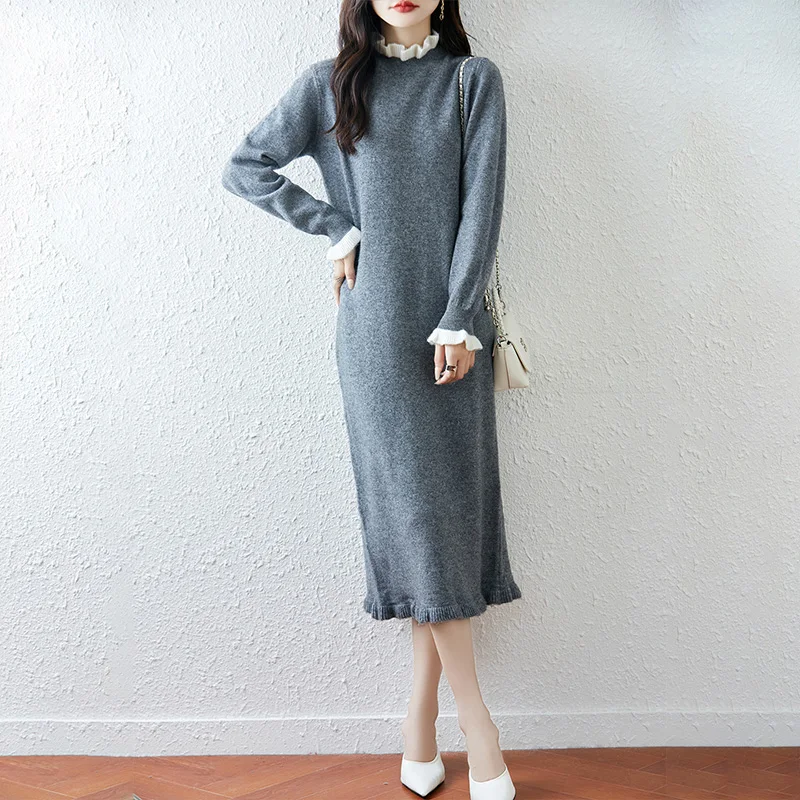 100% Wool Mock Neck Ruffle Trim Solid Color Long Dress for Women, Elegant Slimming Knitted Wool Dress for Autumn and Winter