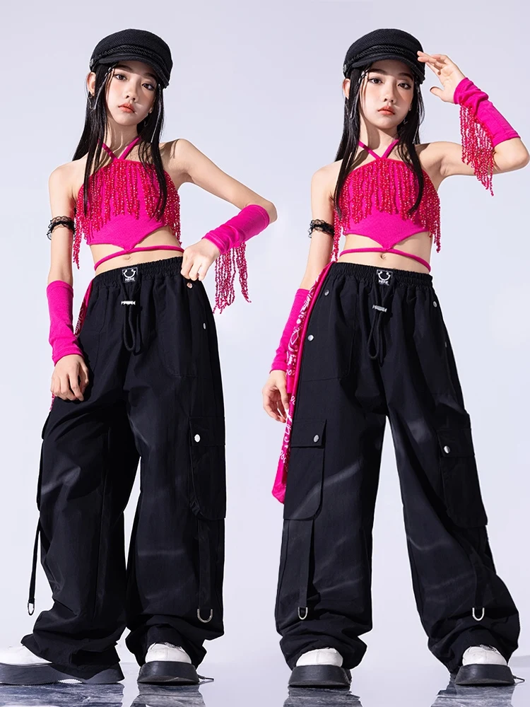 Children Hip Hop Dance Costumes For Girls Rose Red Single Sleeve Tassel Top Black Pants Suit Jazz Dance Stage Clothes DQS16929