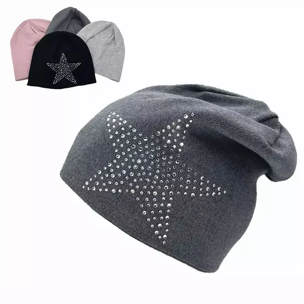 Casual Rhinestone Star Print Women Beanie Hat Warm Windproof Skating Camping Hiking Cap Gothic Punk Hats Autumn Winter