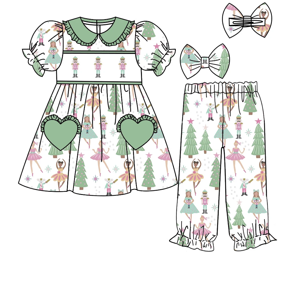 Christmas-themed children's clothing set with tree cartoon print, short-sleeved top and long pants, pajama set for girls