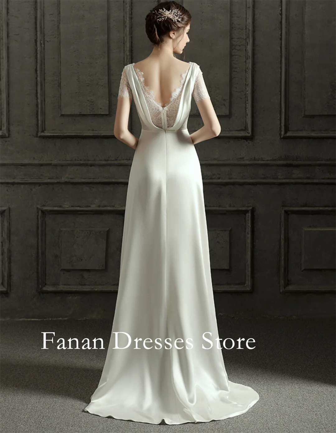 Suknie ślubne FANAN Korea z dekoltem w serek, trenem, krótkimi rękawami, proste, jedwabna satyna, odkryte plecy, koronkowe, 웨딩드레스, kolor ivory, na zamówienie