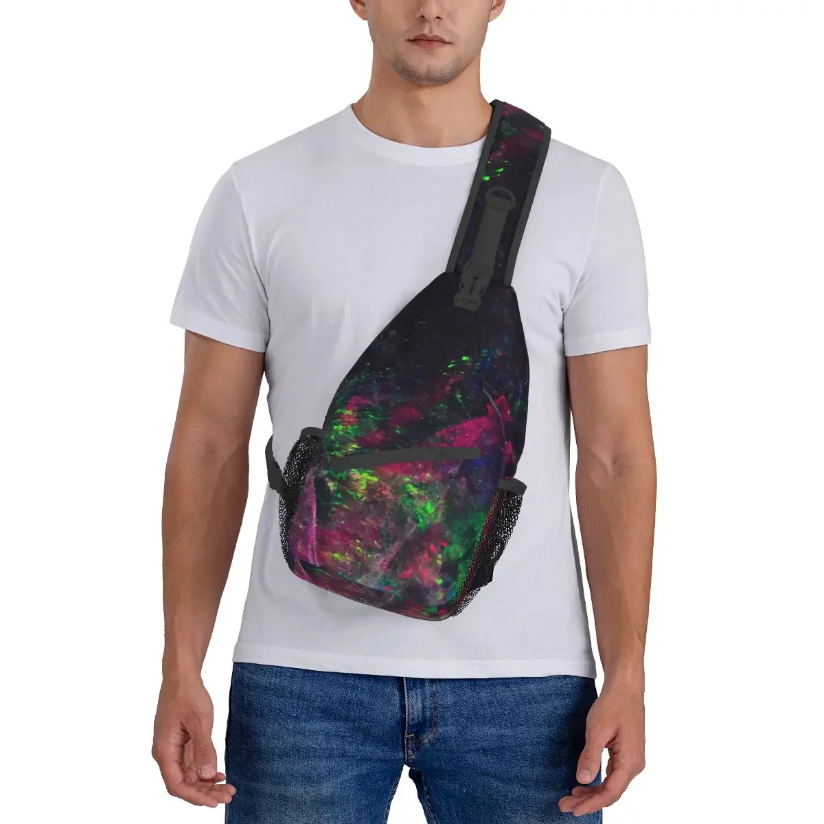 Bolsos cruzados en el pecho de tela negra, colores neón, bolsillos con patrón de neón, paquete de viaje, bandolera deportiva para adolescentes, Unisex