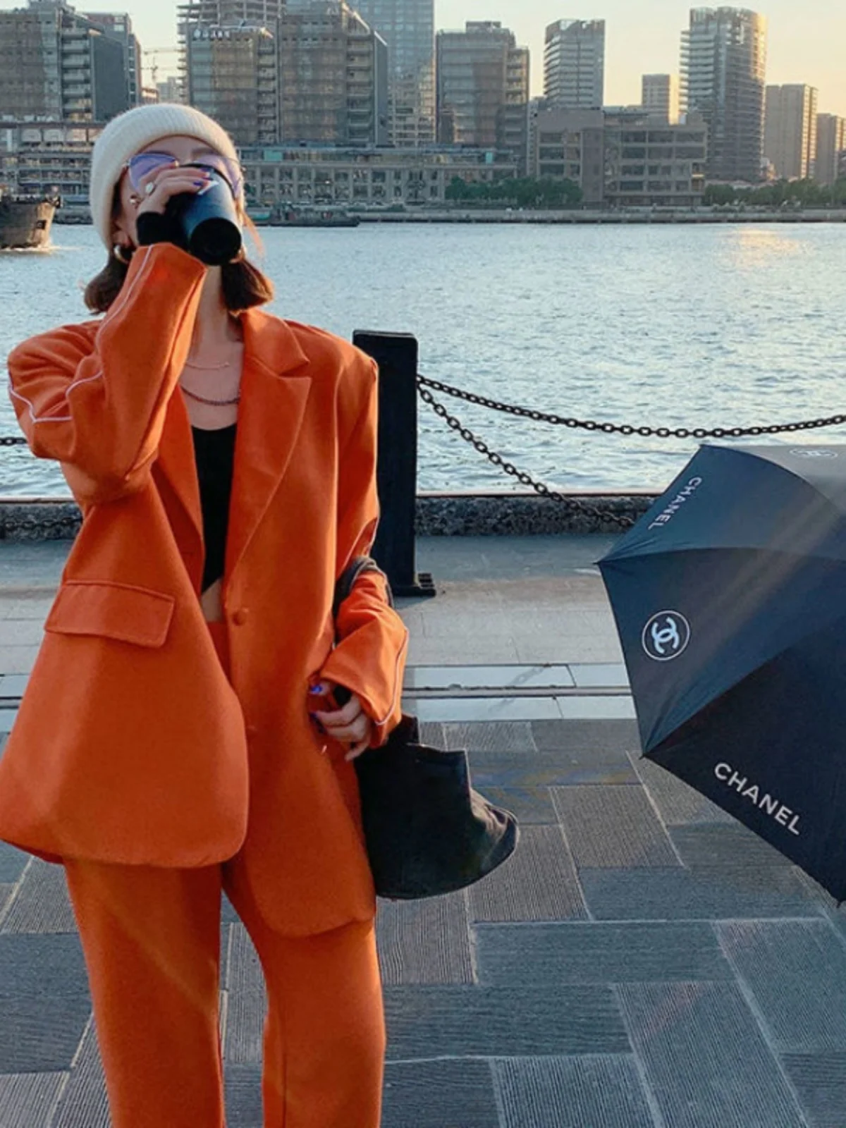 Long Sleeve Fashion Orange Jacket Suit for Women Blazer and Pants Two Piece Set Korean Style Winter Clothing Elegant Clothes