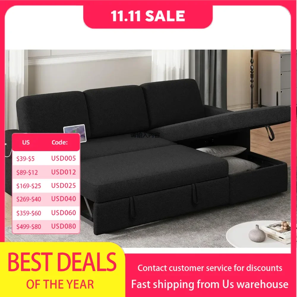 L-shaped triple sofa bed with chaise longue and USB, reversible sofa bed with pull-out bed and storage, convertible sofa